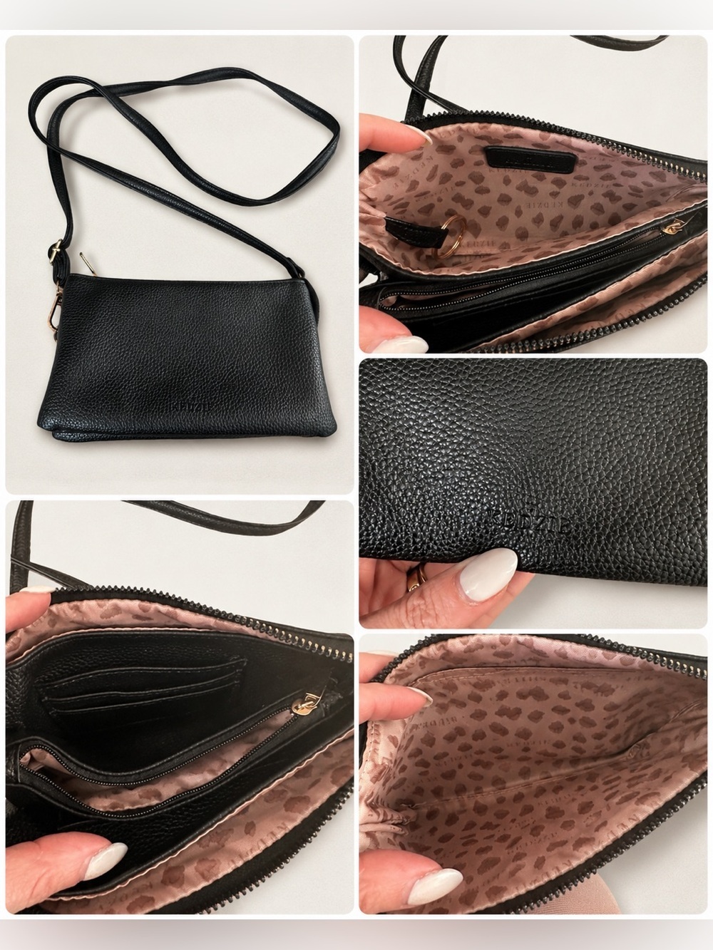 KEDZIE Eclipse Vegan Leather Crossbody Bag Black Cheetah Lining Removable Strap